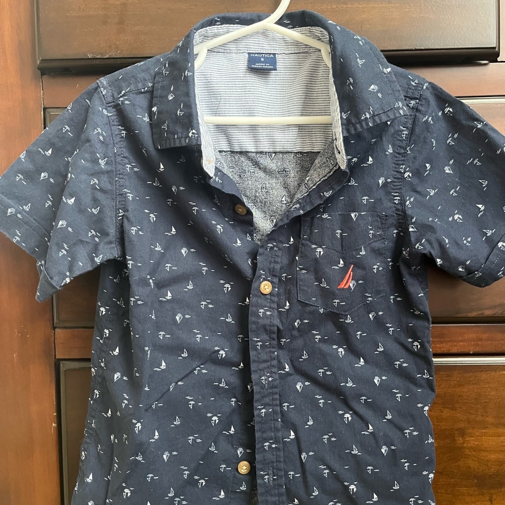 Nautica Navy Kids Button-Down Shirt with Sailboat Pattern